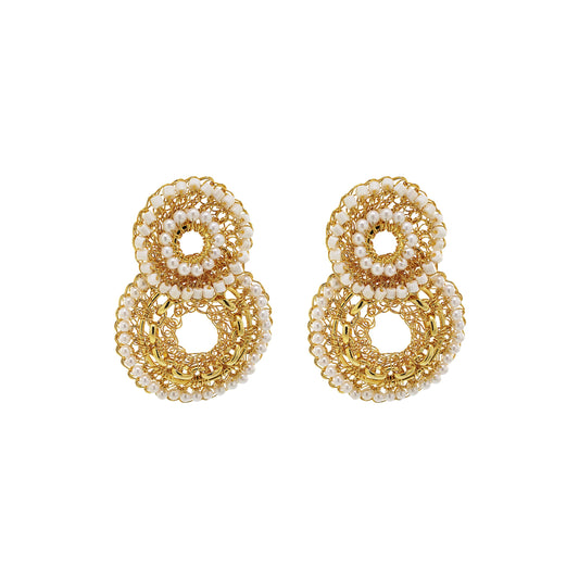 Pearl & Gold Flux Double Handmade Crochet Earrings