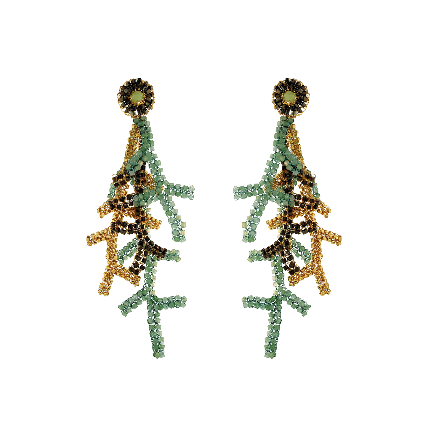 Long Green & Gold Mix Coral Branches Handmade Crochet Earrings