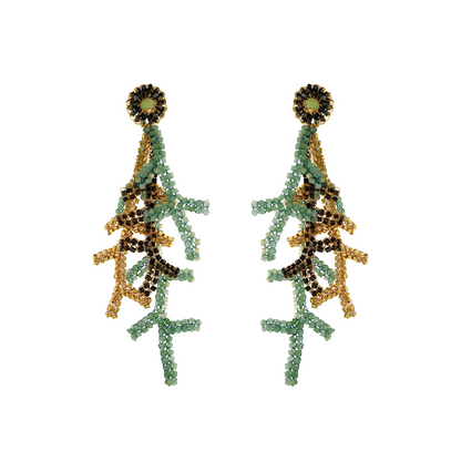 Long Green & Gold Mix Coral Branches Handmade Crochet Earrings