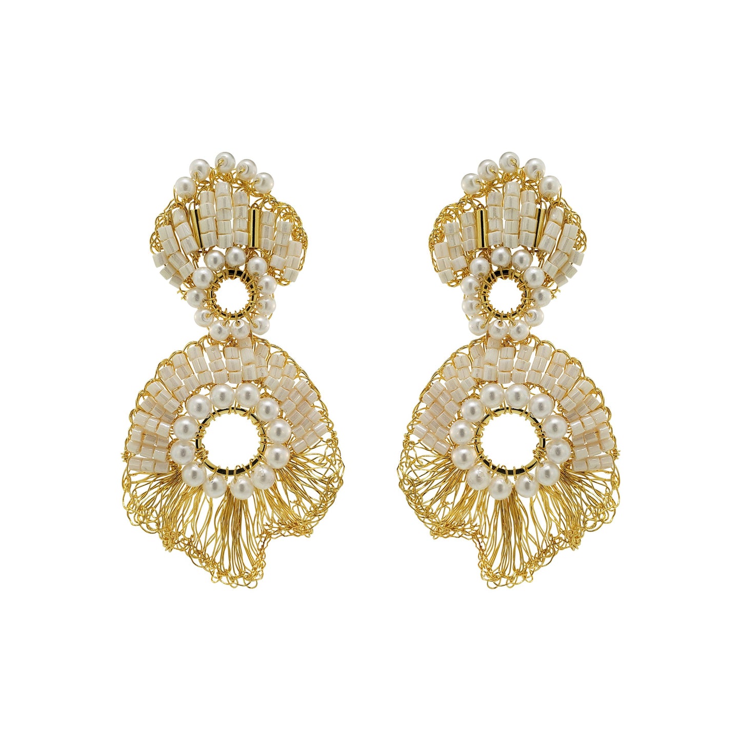 Pearl & Gold Bishop Ruffles Handmade Crochet Earrings