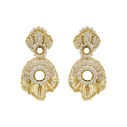 Pearl & Gold Bishop Ruffles Handmade Crochet Earrings