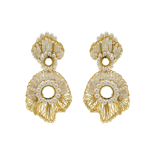 Pearl & Gold Bishop Ruffles Handmade Crochet Earrings