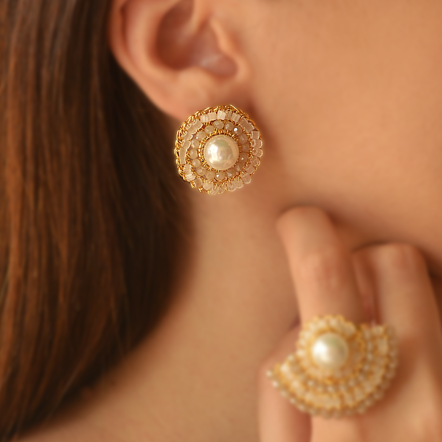 Pearl & Gold Post Handmade Crochet Earring