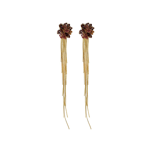 Crimson Red Mix Drizzle Fringe Handmade Crochet Earrings