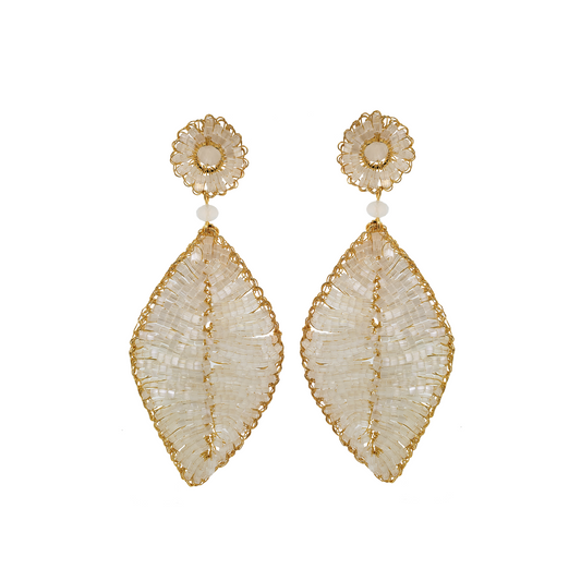 White & Gold Leaf Handmade Crochet Earrings