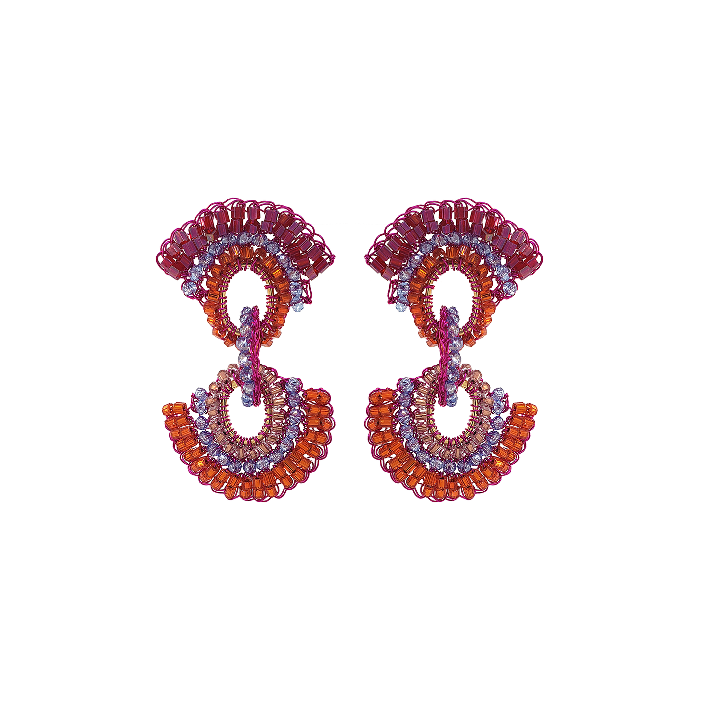 Neon Pink Crystals Linked Ovals Handmade Crochet Earrings