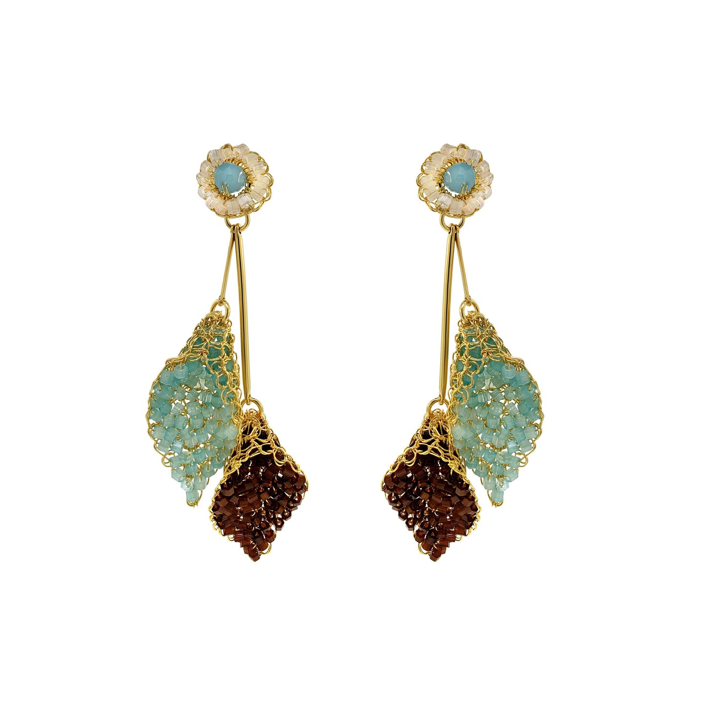 Blue & Brown Mix Tulip Duo Handmade Crochet Earrings