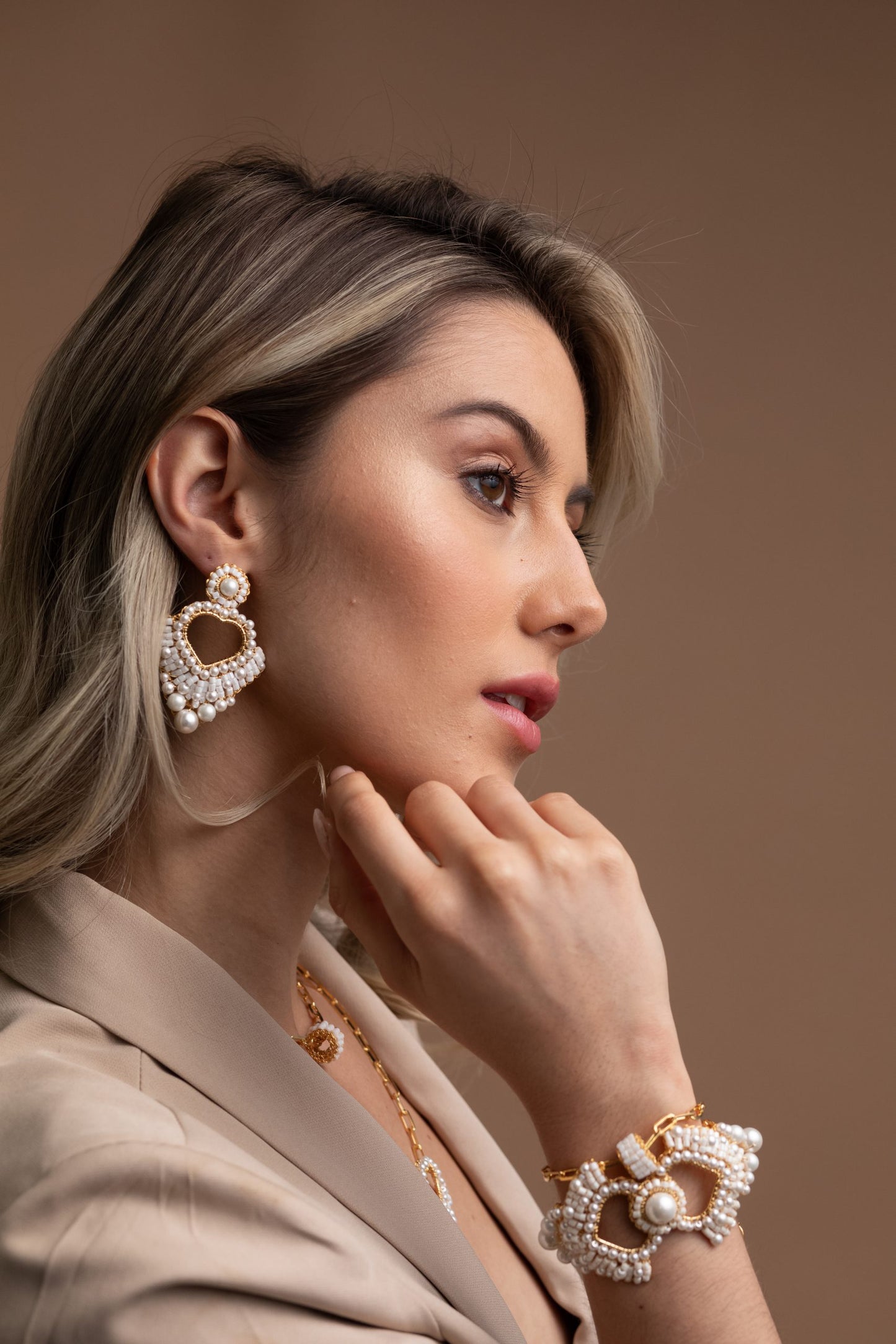 Pearl & Gold Queen's Heart Handmade Crochet Earrings