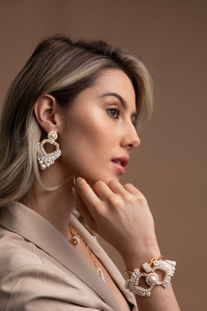 Pearl & Gold Queen's Heart Handmade Crochet Earrings