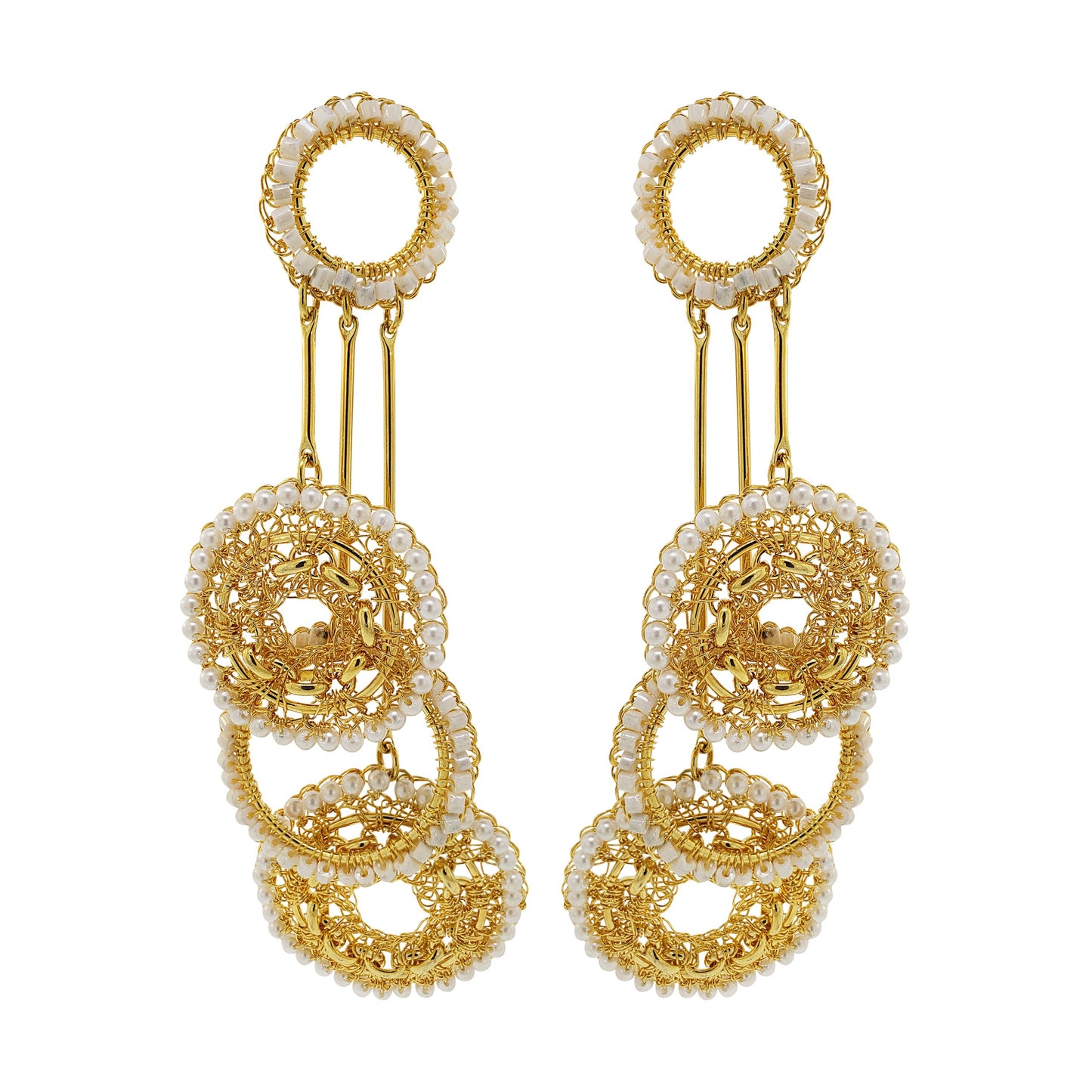 Pearl & Gold Flux Chandelier Handmade Crochet Earrings