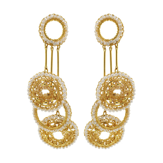 Pearl & Gold Flux Chandelier Handmade Crochet Earrings