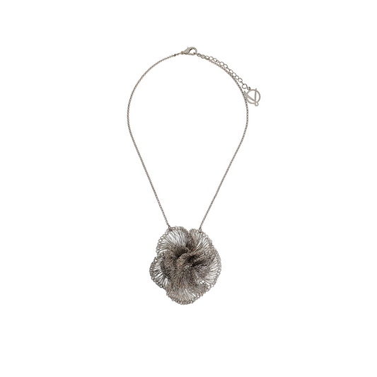 Silver Ruffled Flower Pendant Handmade Crochet Necklace