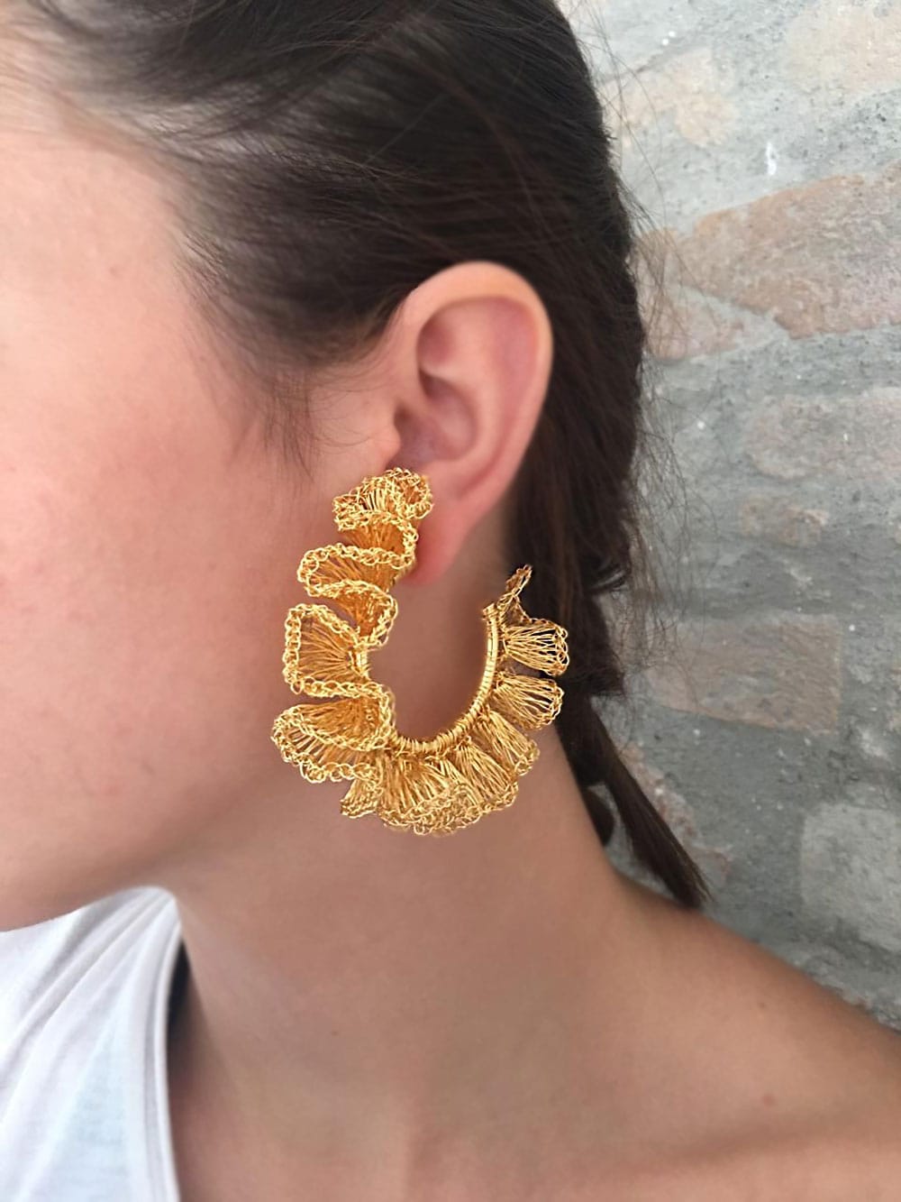 Coral & Gold Large Ruffled Hoops Handmade Crochet Earrings