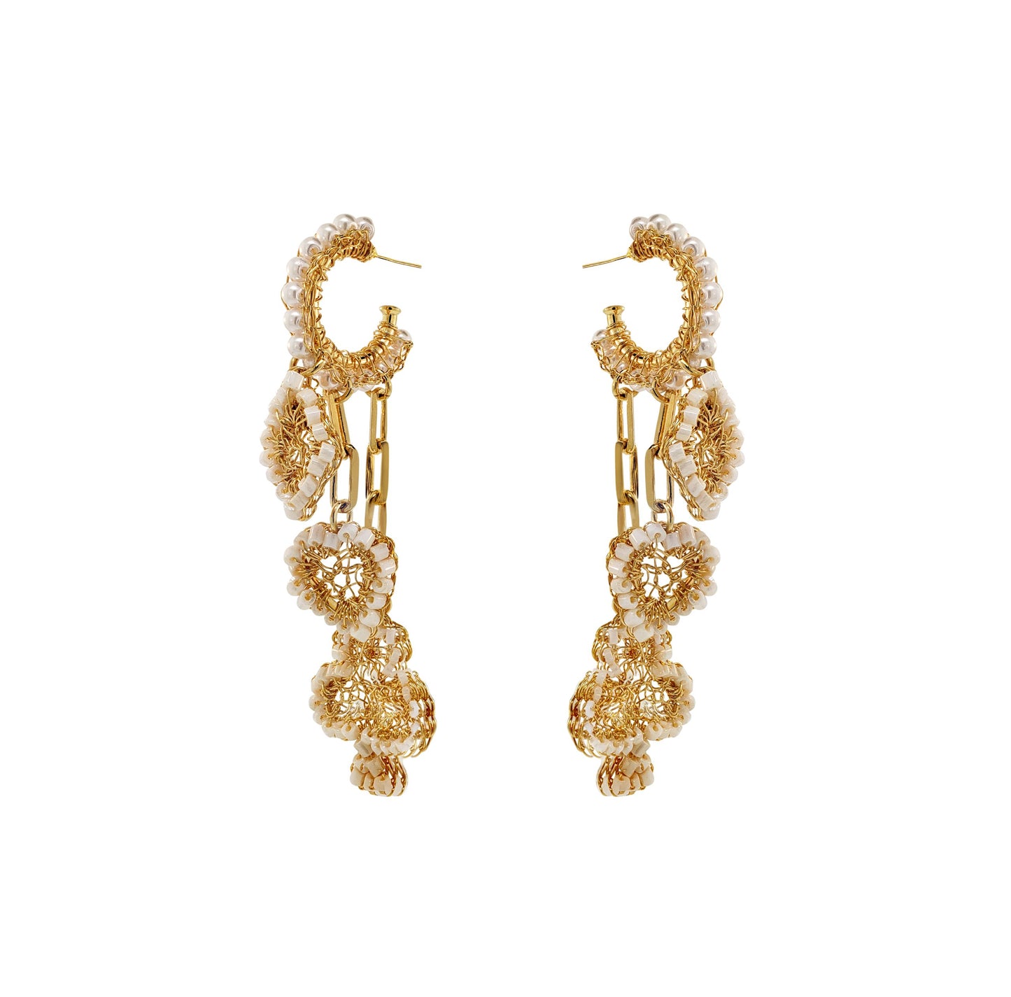 Pearl & Gold Full House Handmade Crochet Earrings