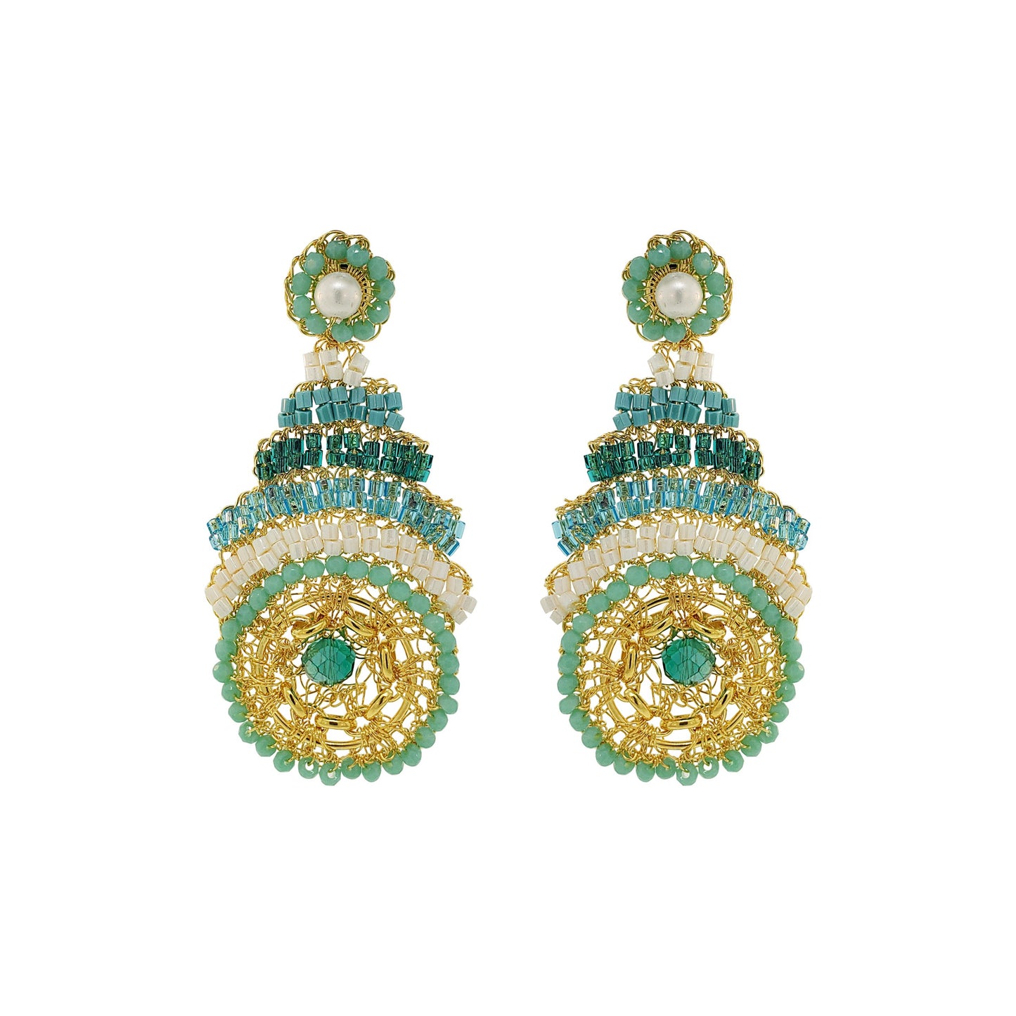 Ocean Teal Mix Ripples Dangles Handmade Crochet Earrings