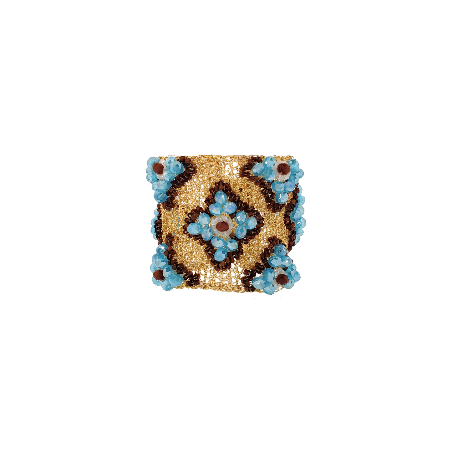 Wide Blue & Brown Embroidered Handmade Gold Crochet Bracelet