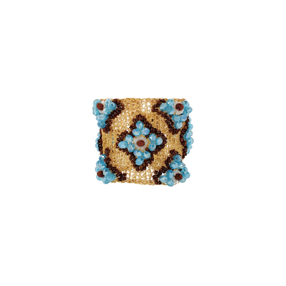 Wide Blue & Brown Embroidered Handmade Gold Crochet Bracelet