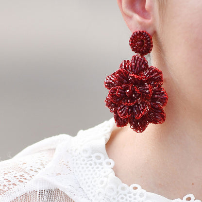 Red Velvet Blossom Handmade Crochet Large Earrings
