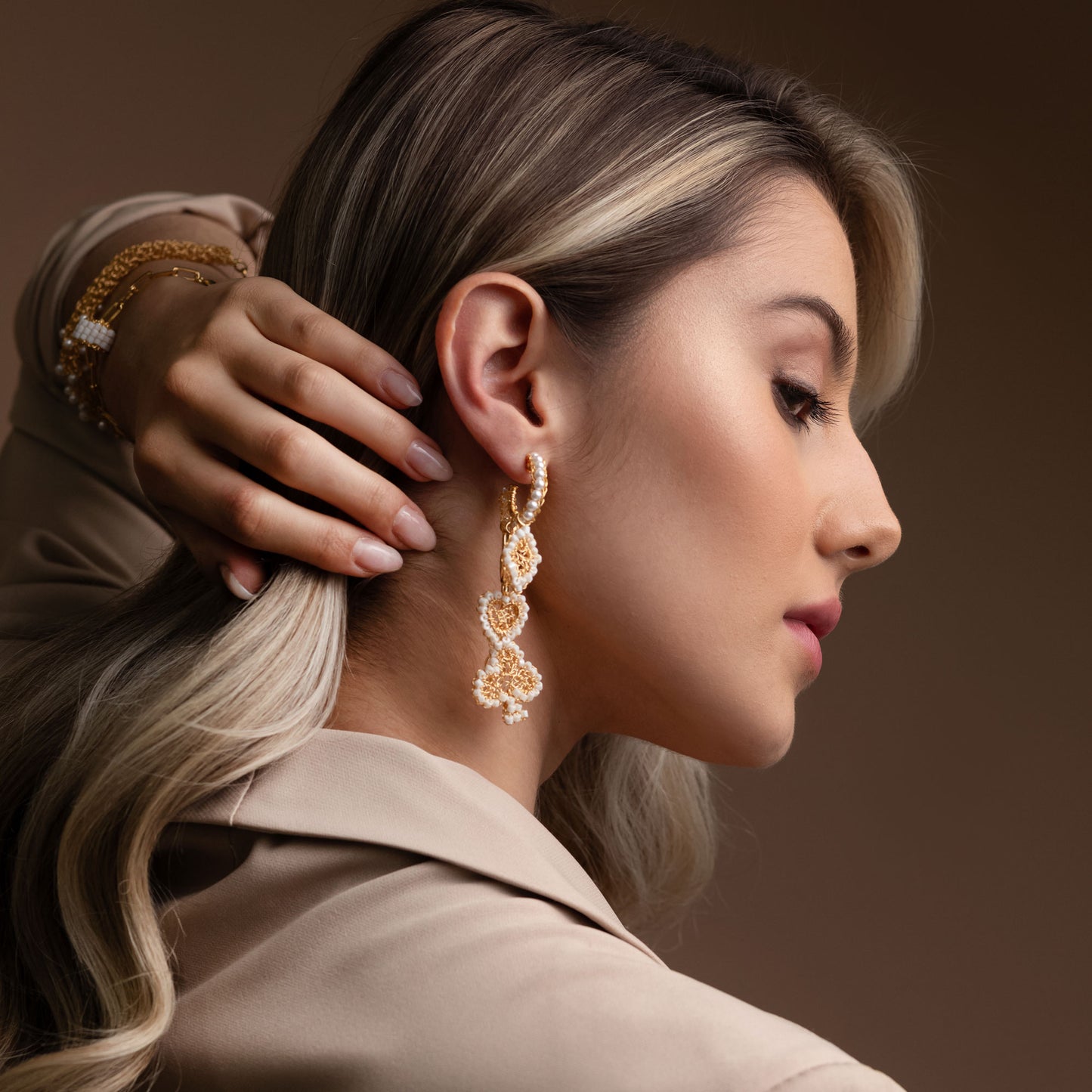 Pearl & Gold Full House Handmade Crochet Earrings