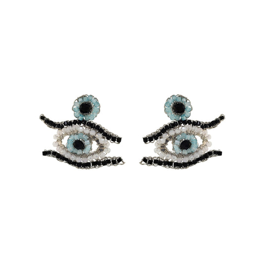 Blues & Silver Evil Eye Handmade Crochet Earrings