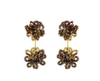 A pair of gold-toned drop earrings featuring a cluster of brown and gold faceted gemstones on the top and a larger matching floral cluster on the bottom, set against a plain white background.