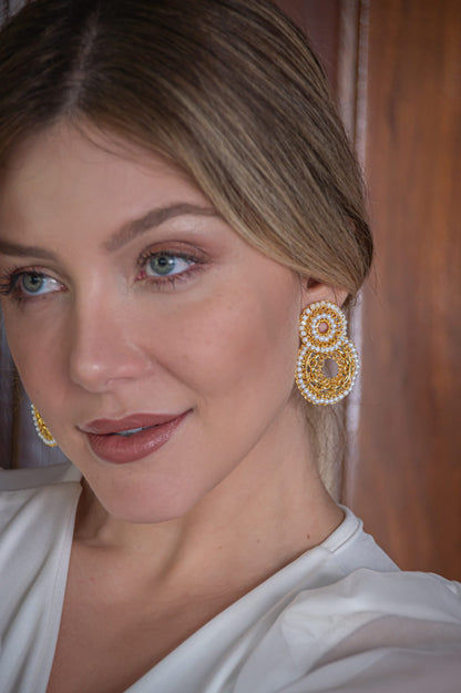 Pearl & Gold Flux Double Handmade Crochet Earrings