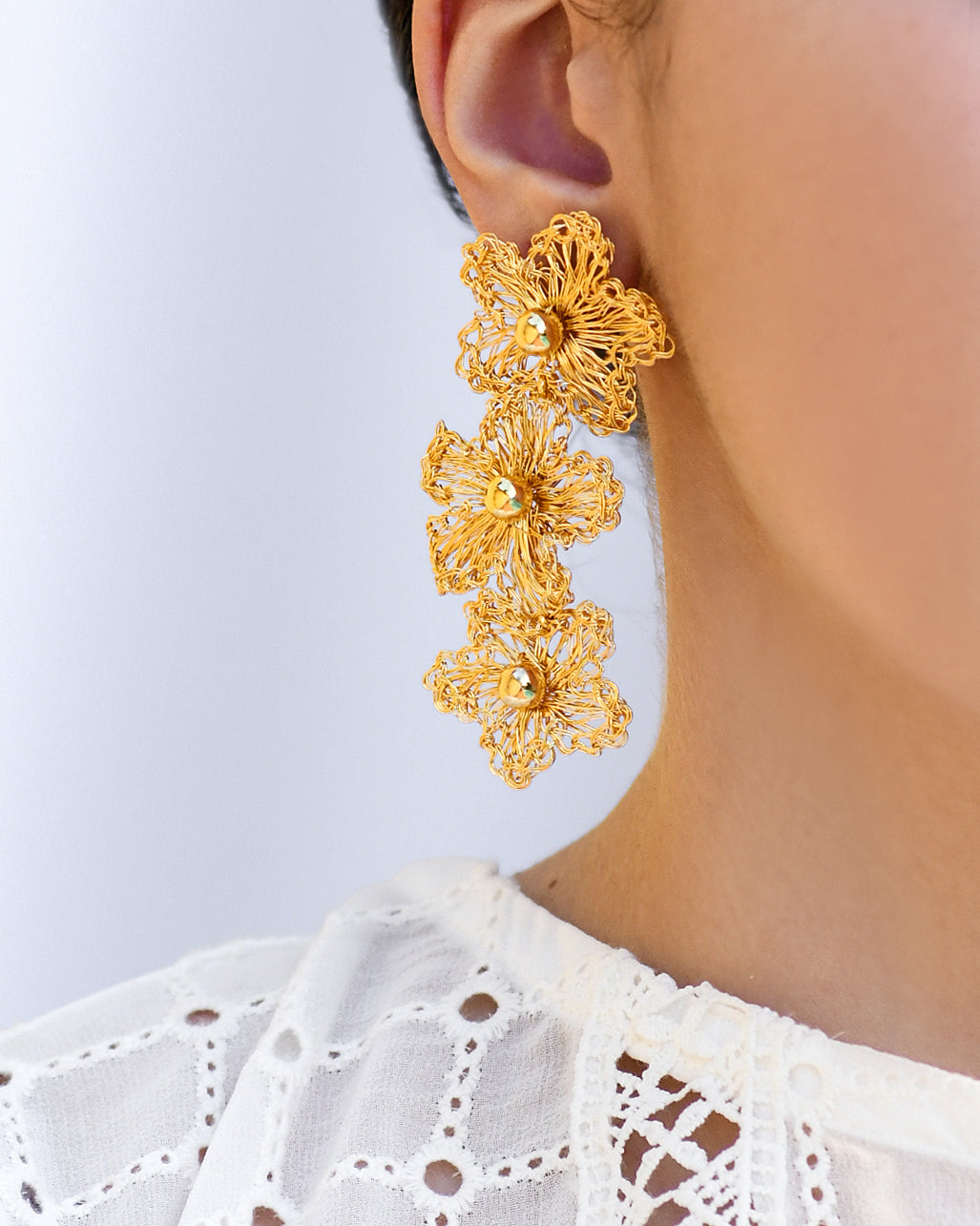 Silver Triple Wired Flower Handmade Crochet Earring