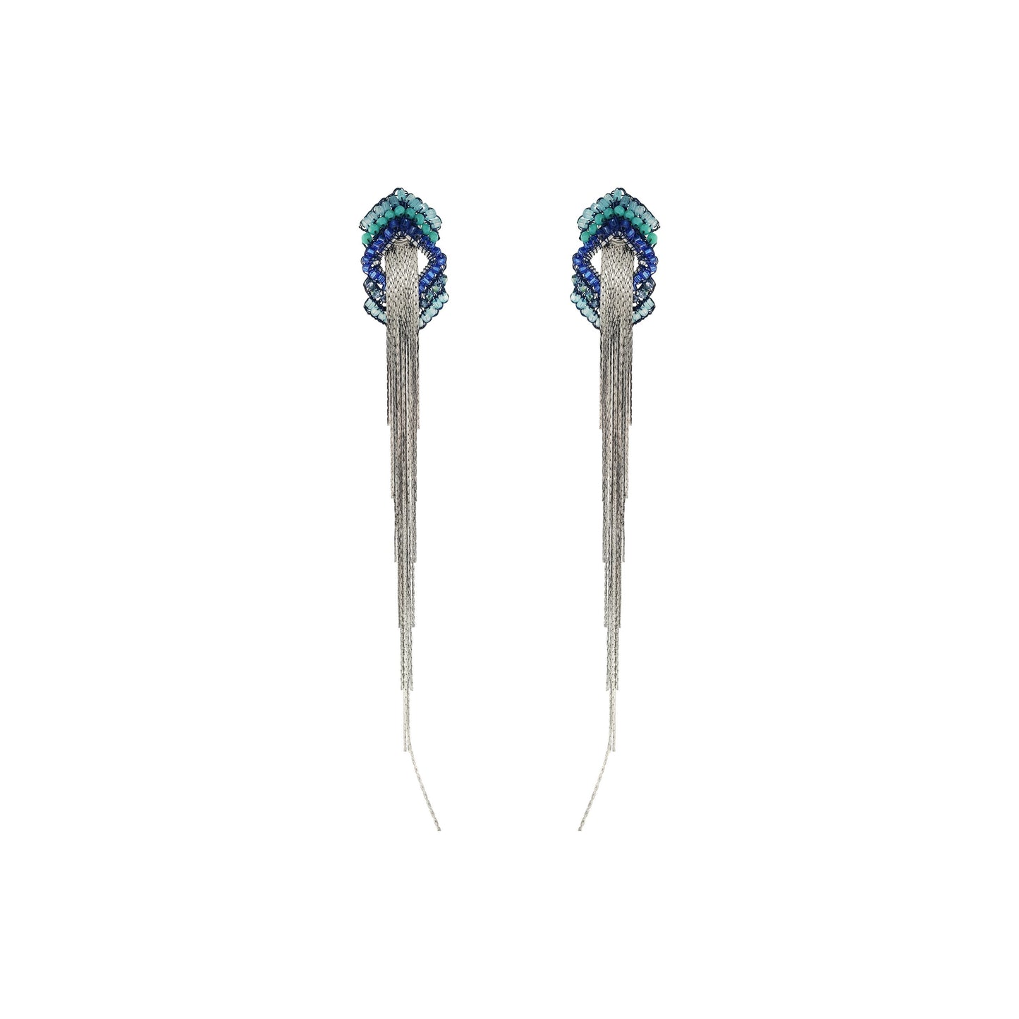 Denim Blue Mix Rank Fringe Handmade Crochet Earrings