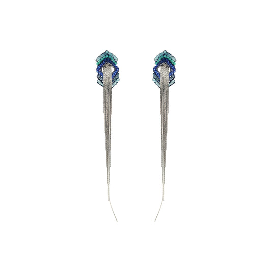 Denim Blue Mix Rank Fringe Handmade Crochet Earrings