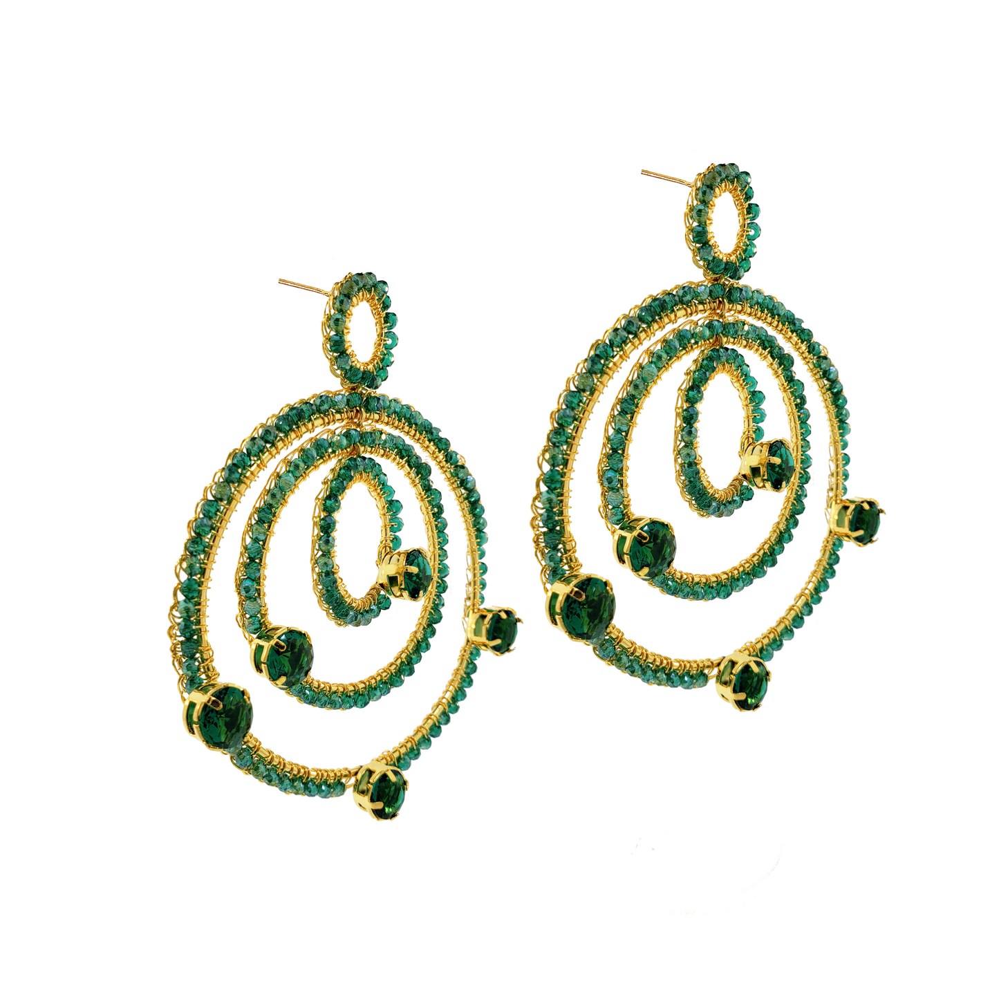 Emerald & Gold Prisma Chandelier Handmade Crochet Earrings