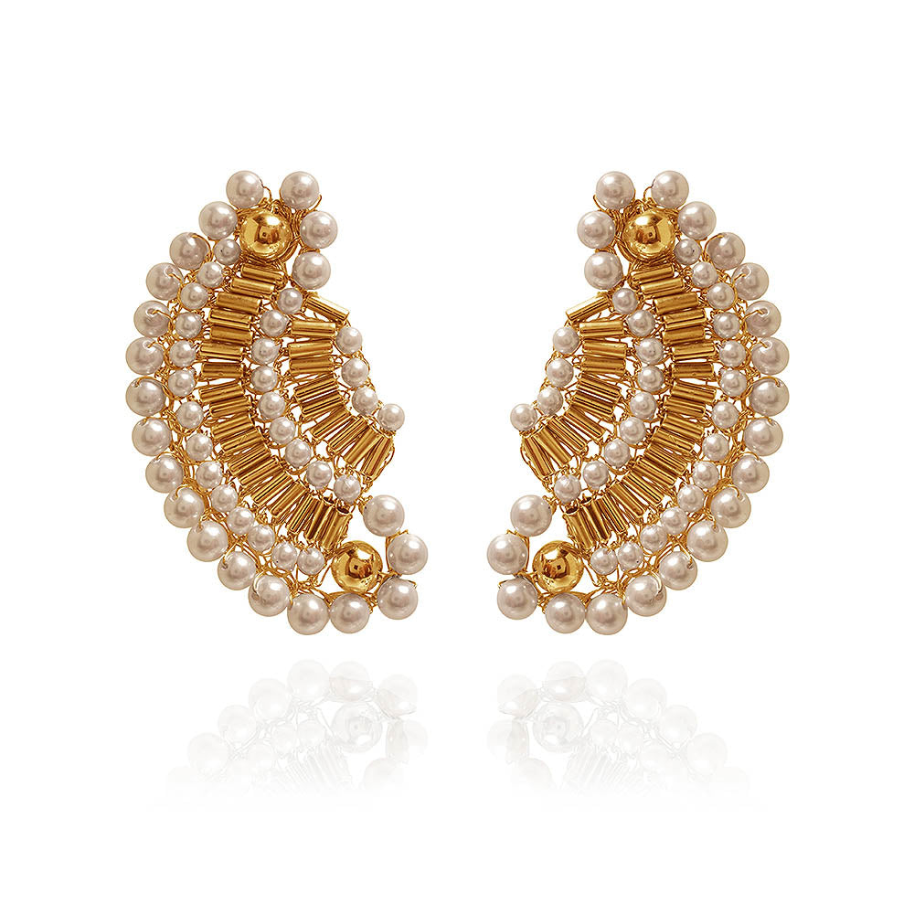 White and Gold Medium Half Mandala Handmade Crochet Earrings