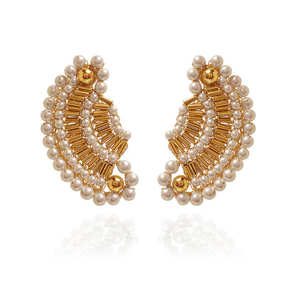 White and Gold Medium Half Mandala Handmade Crochet Earrings