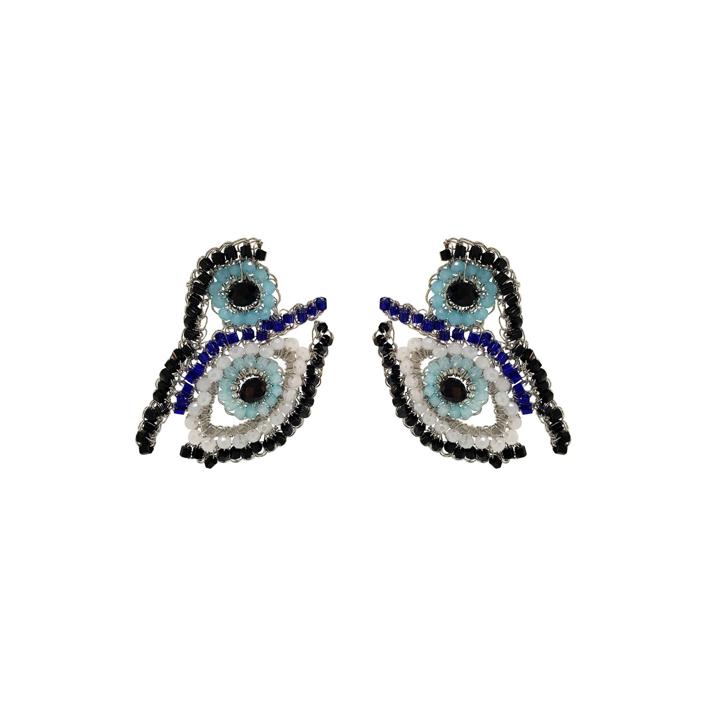 Blues & Silver Evil Eye Duo Handmade Crochet Earrings