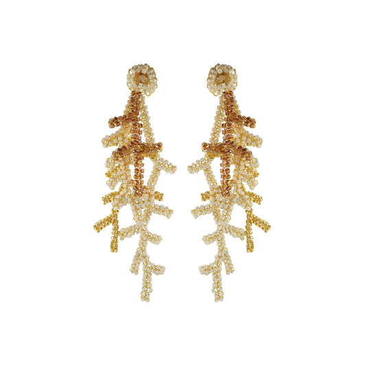 Golden Mix Coral Branches Long Handmade Crochet Earrings