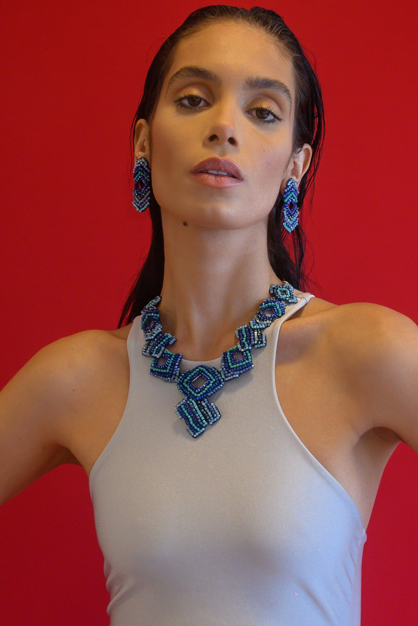 Denim Blue Mix Puzzle Maxi Handmade Crochet Necklace