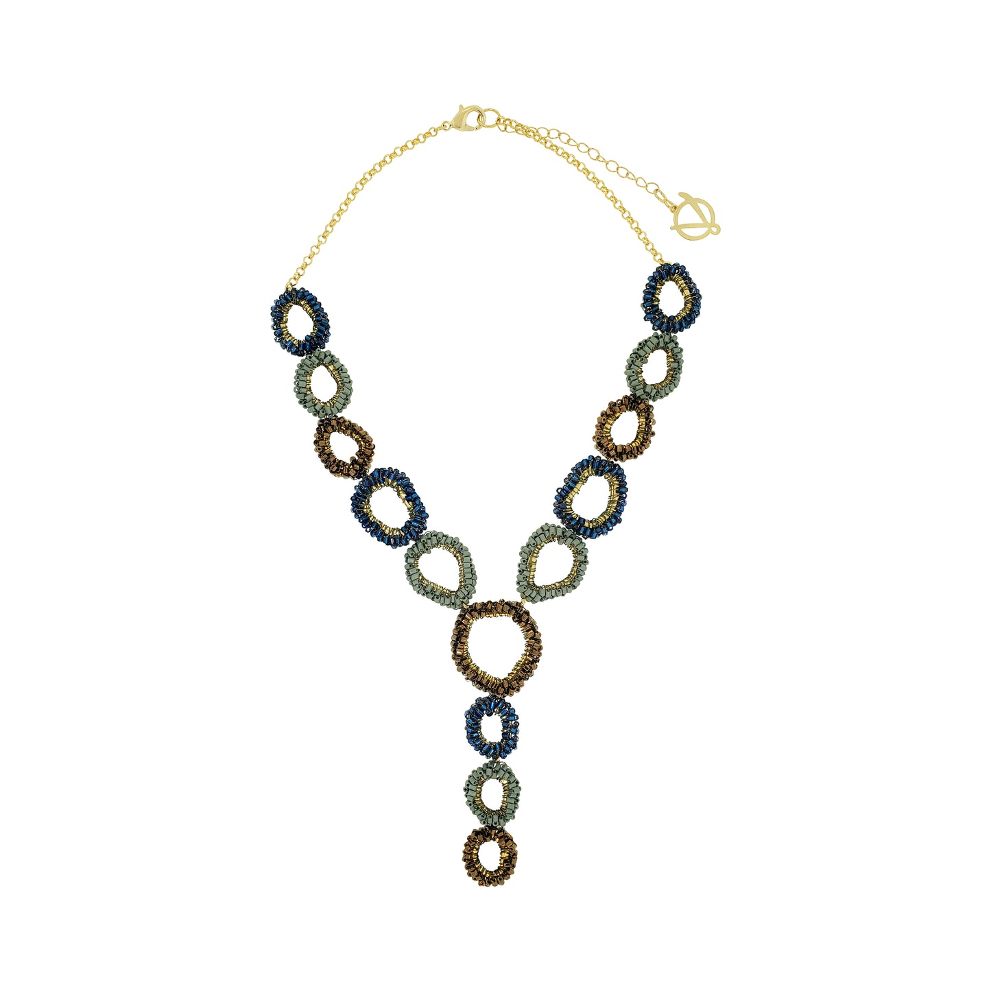 A gold chain necklace featuring a series of interlocking textured rings in navy blue, olive green, and brown, arranged in a V-shape with a drop pendant on a plain white background.