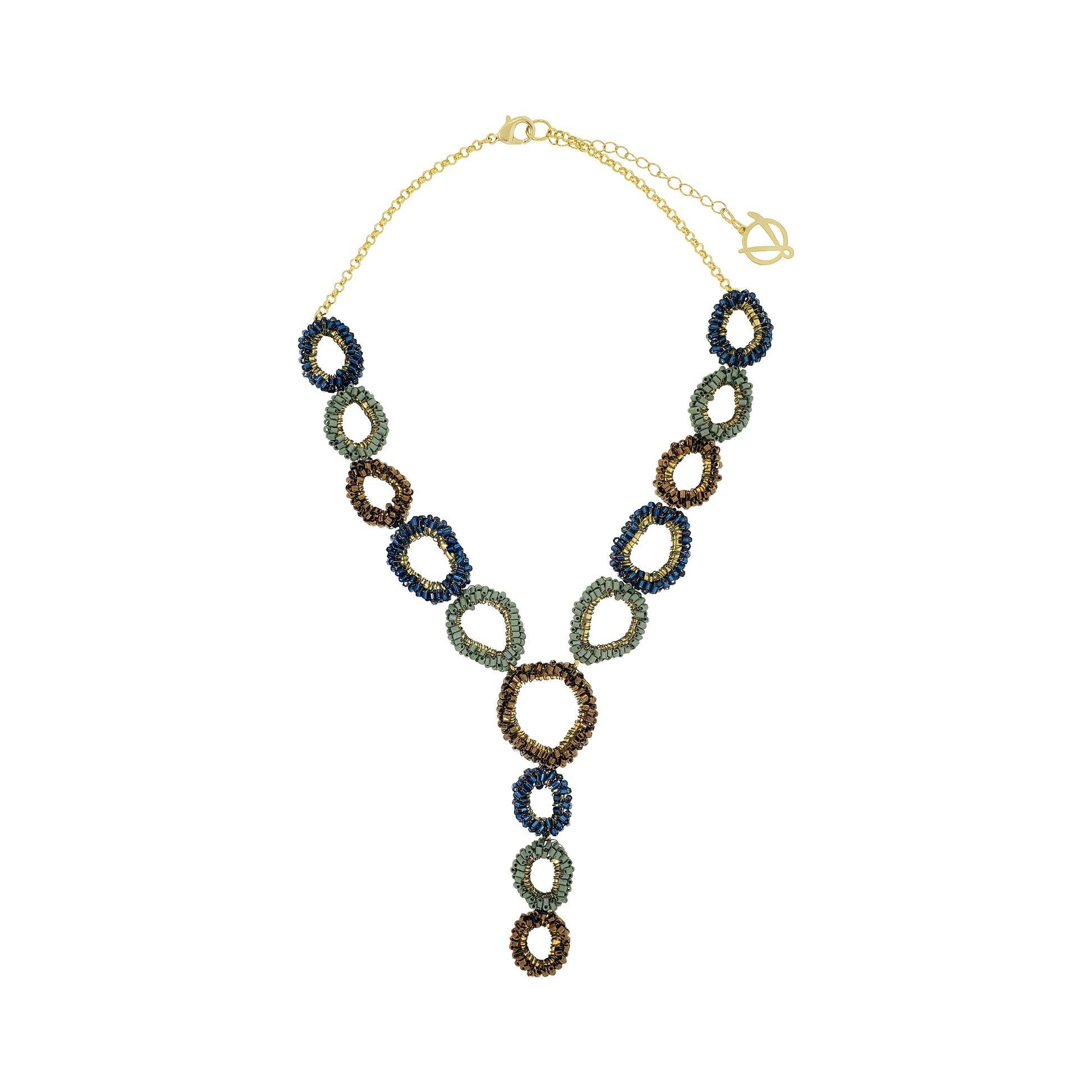 A gold chain necklace featuring a series of interlocking textured rings in navy blue, olive green, and brown, arranged in a V-shape with a drop pendant on a plain white background.