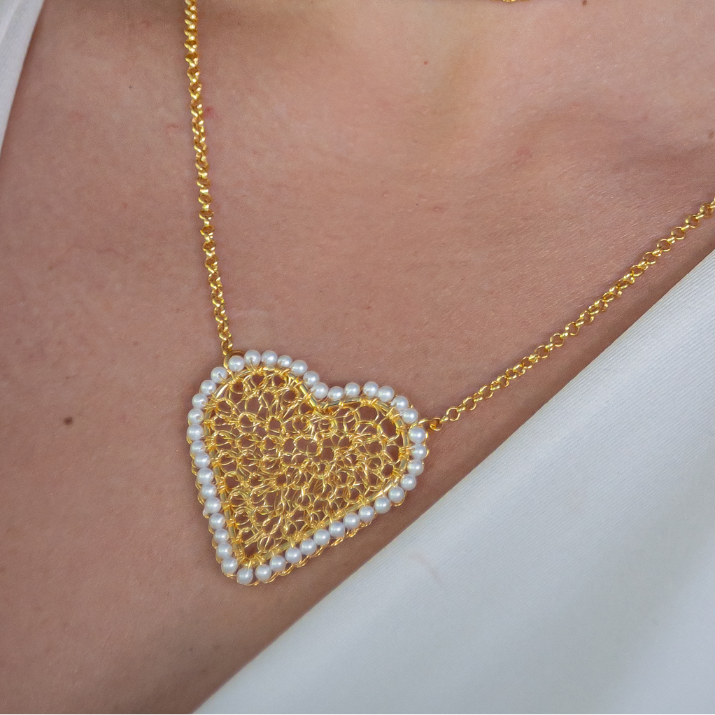 Pearl & Gold Amour Mesh Handmade Crochet Necklace