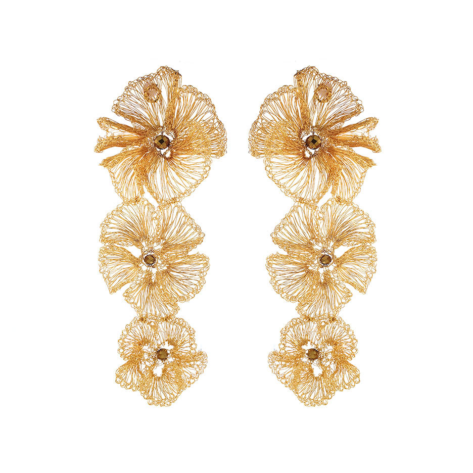All Gold Wired Flower Long Cascade Handmade Crochet Clip Earrings – Lavish