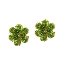 Green & Gold Crystals Flower Crochet Post Handmade Earrings