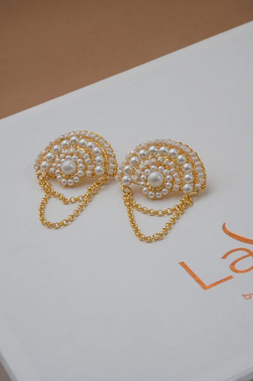 Pearl & Gold Freya Round Posts Handmade Crochet Earrings