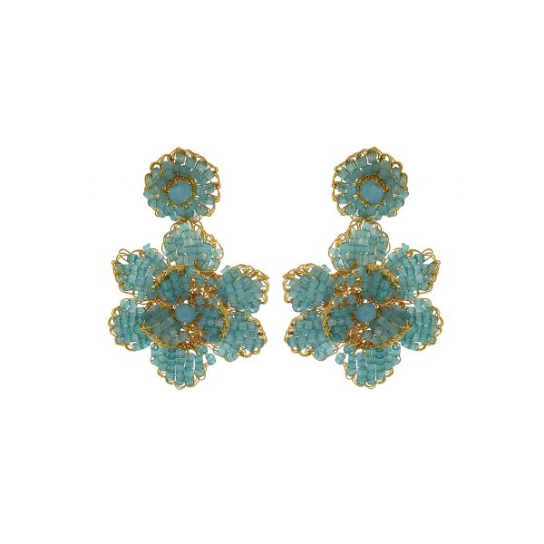 Light Blue & Gold Mini Blossom Handmade Crochet Large Earrings