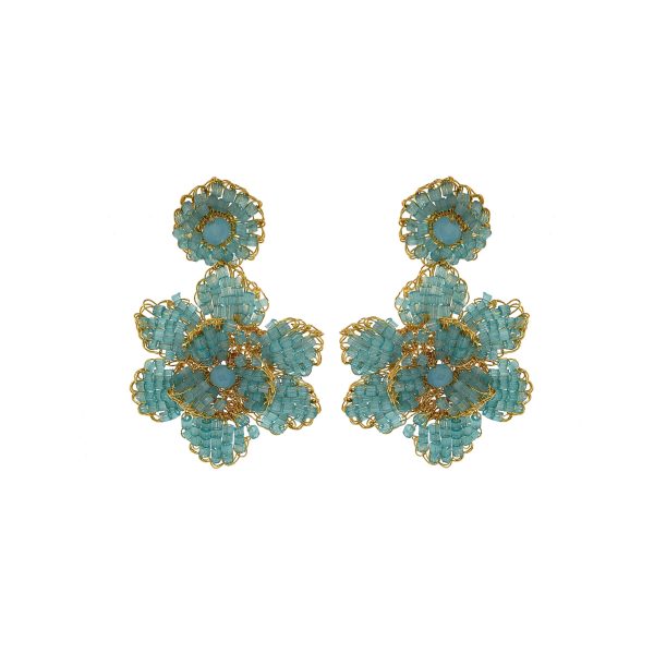 Light Blue & Gold Mini Blossom Handmade Crochet Large Earrings