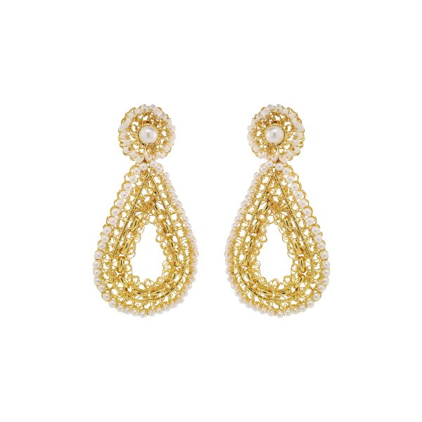 Pearl & Gold Flux Teardrop Handmade Crochet Earrings
