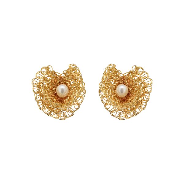 Pearl & Gold Reef Mini Post Handmade Crochet Earrings