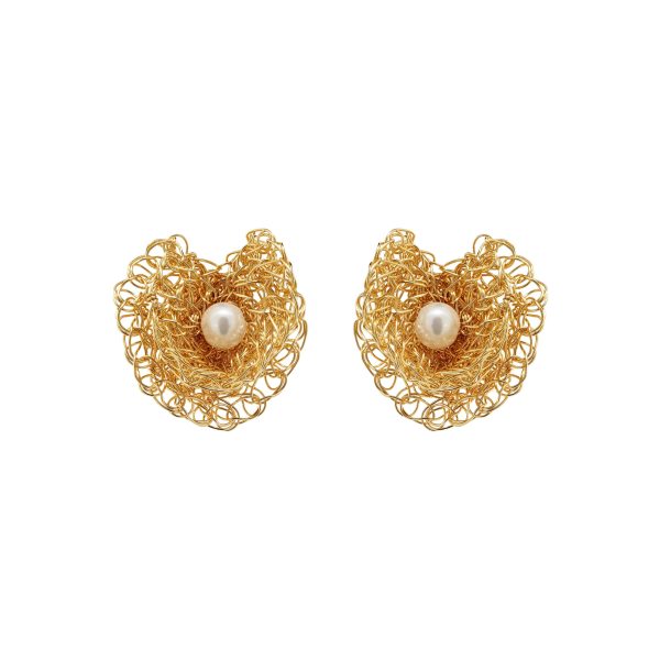 Pearl & Gold Reef Mini Post Handmade Crochet Earrings