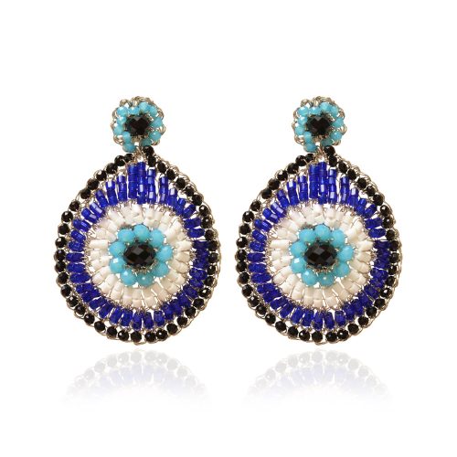 Blues & Silver Evil Eye Teardrop Handmade Crochet Earrings