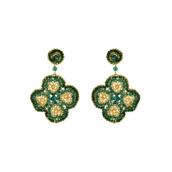 Green & Gold Lucky Clover Dangle Handmade Crochet Earrings