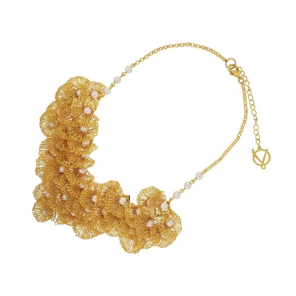 Pearl & Gold Shells Maxi Handmade Crochet Necklace