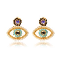 Blues & Gold Evil Eye Mini Handmade Crochet Earrings